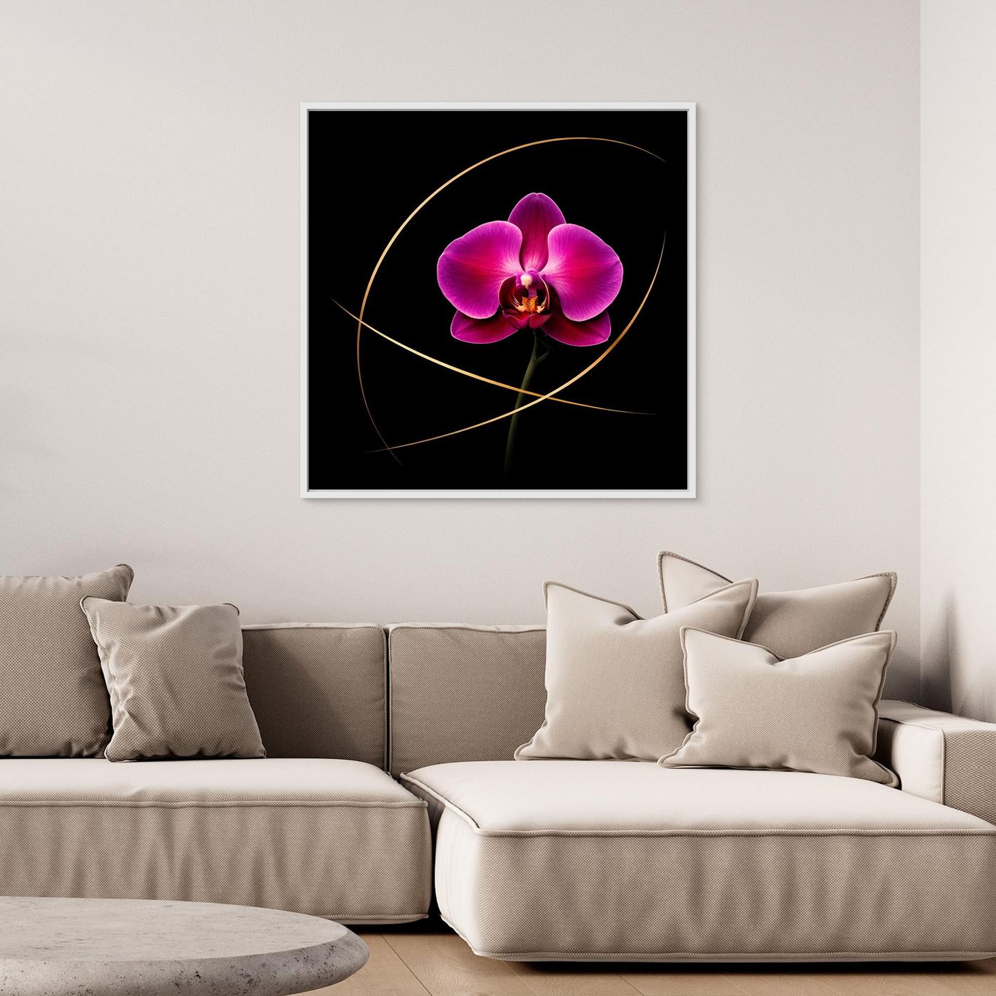 Leinwandbild Orchidee mit magenta Blüten und goldenen Linien, weißer Rahmen