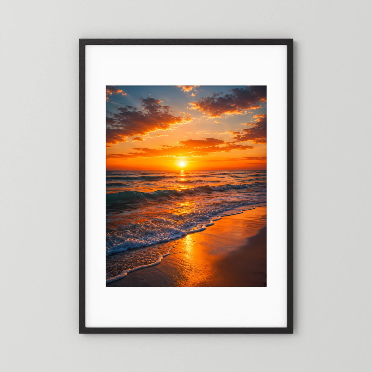 Hochformat-Poster Sonnenuntergang am Meer, schwarzer Rahmen mit weißem Passepartout