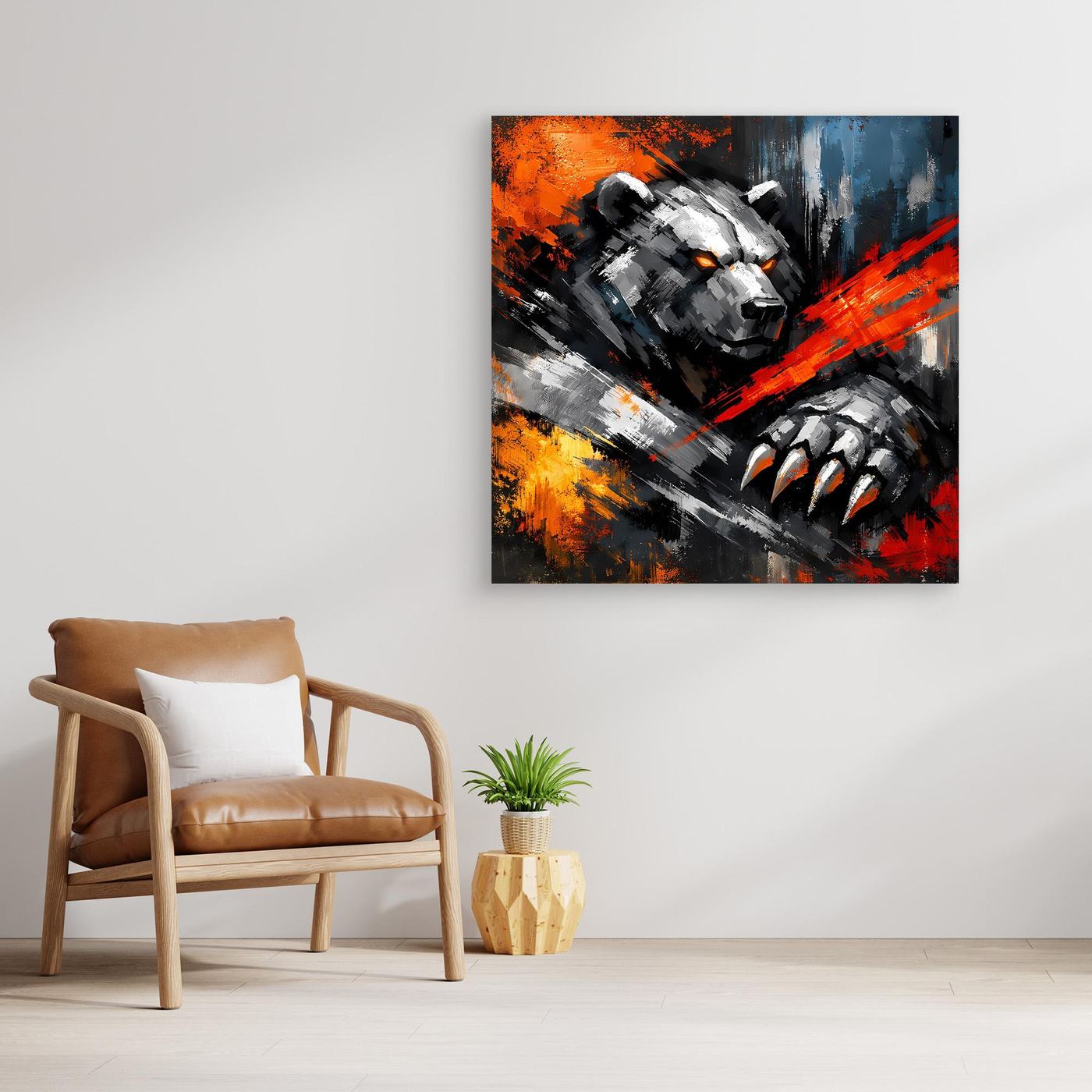 Abstraktes Leinwand-Wandbild mit Kampfbär und Krallen, mit dunklem Rand, orange-blau-rot