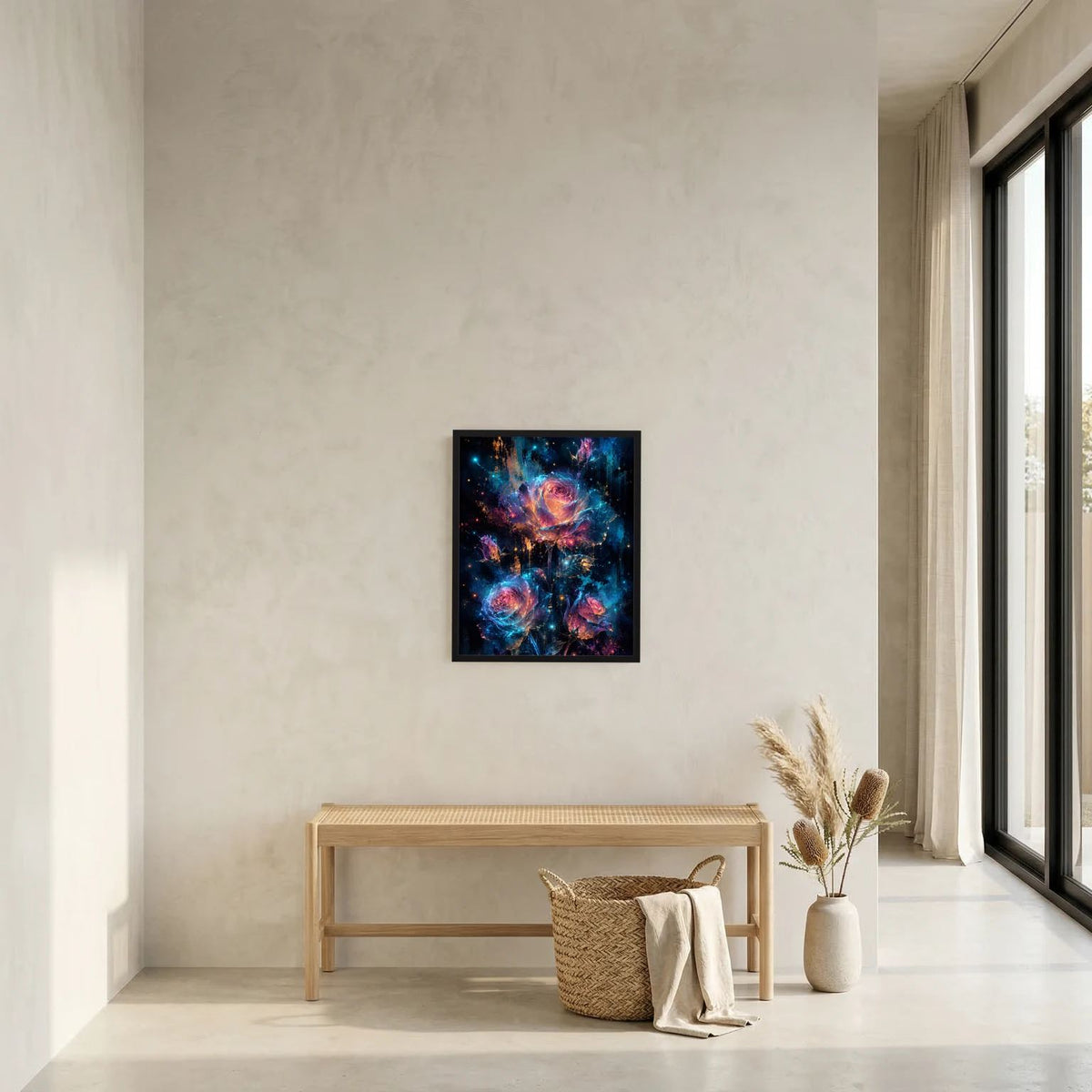 Kleines Wandbild mit leuchtenden Rosen in Blau und Pink, schwarzer Rahmen
