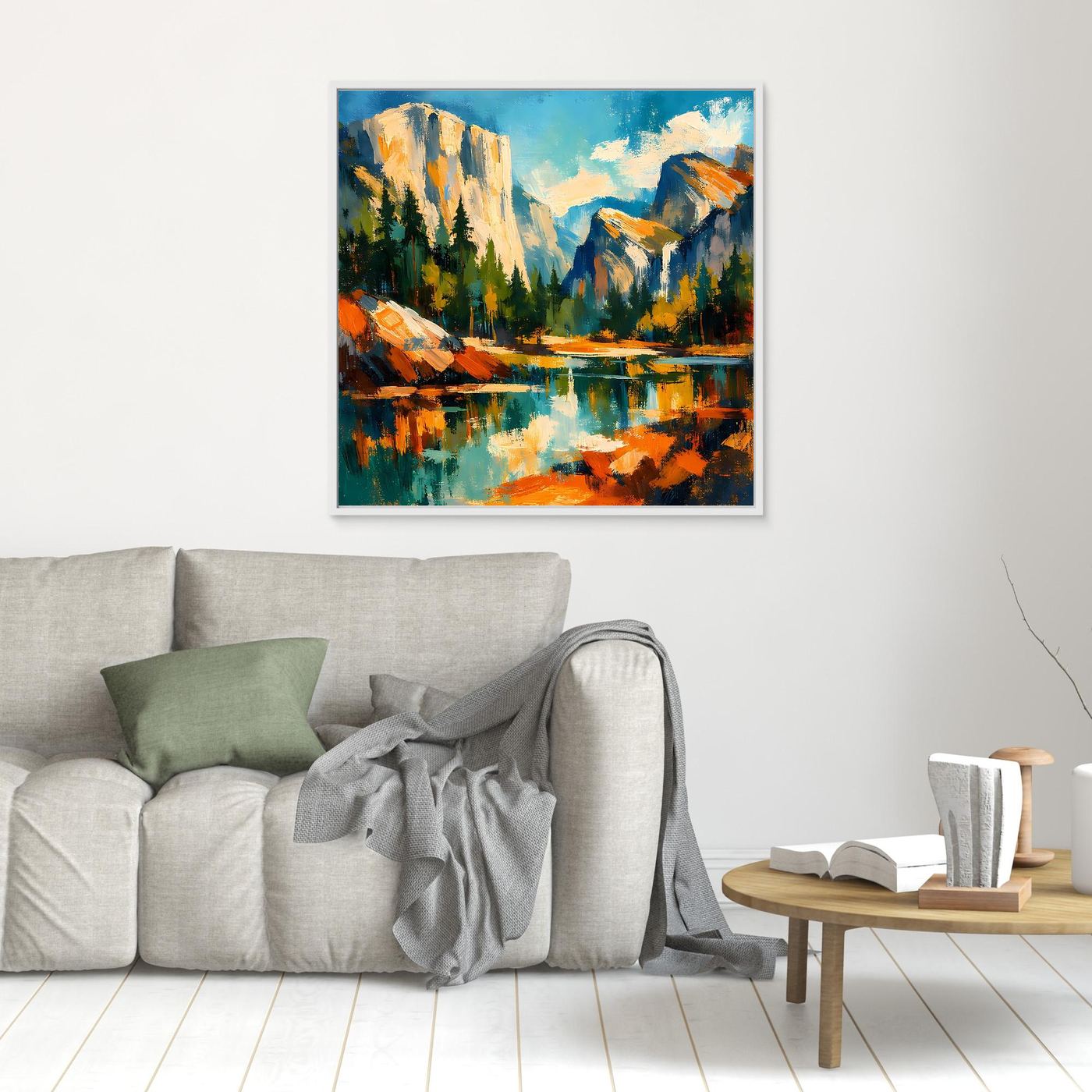 Kleines Wandbild auf Leinwand mit abstrakter Berglandschaft und Fluss, ohne Rahmen