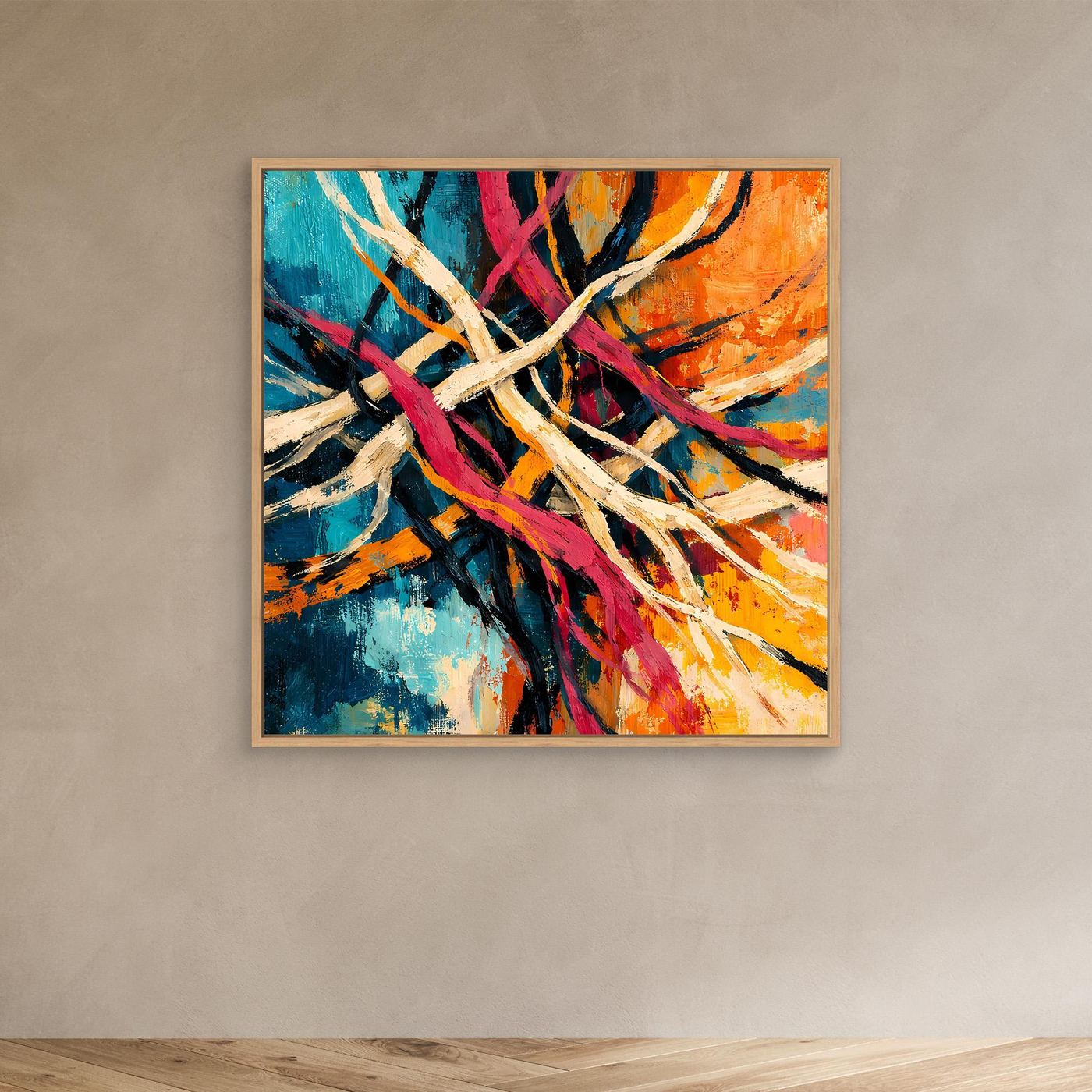 Leinwand-Wandbild mit abstraktem Liniengeflecht, Eichenrahmen, mehrfarbige Pinselstriche