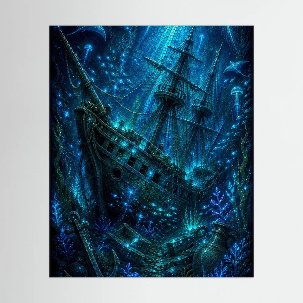 Kunstposter mit versunkenem Geisterschiff im blauen Unterwasser-Look
