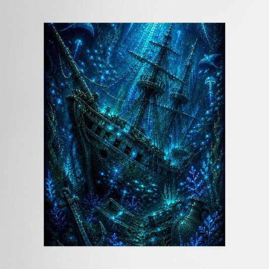 Kunstposter mit versunkenem Geisterschiff im blauen Unterwasser-Look
