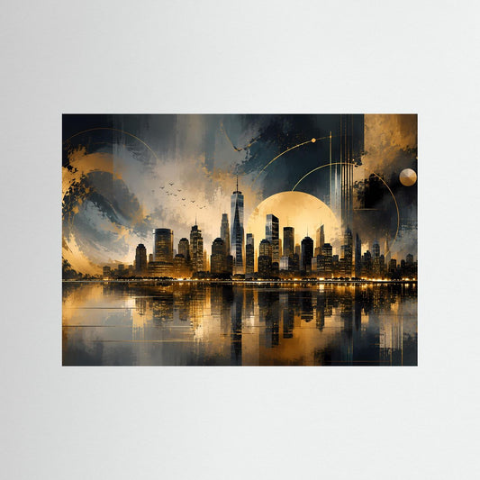 Querformatiges Poster mit New-York-Skyline in Schwarz und Gold, inklusive Spiegelung