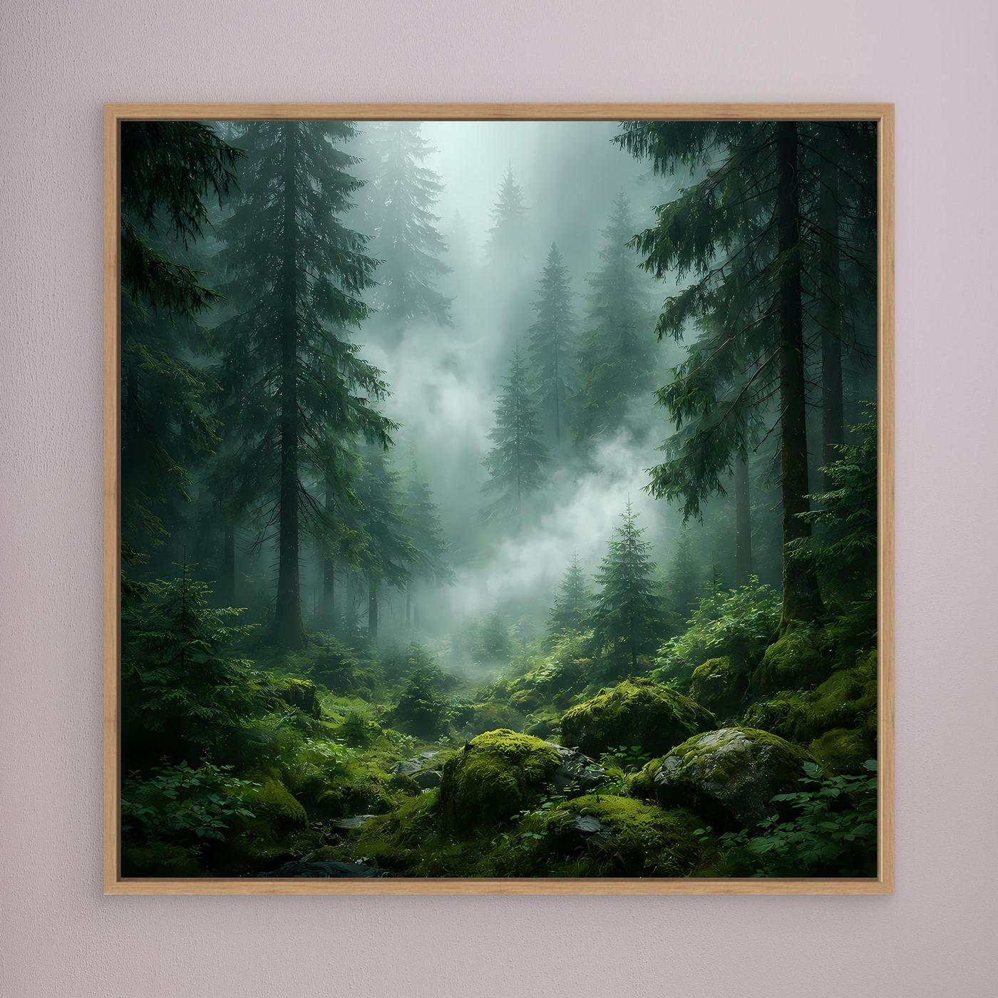 Leinwandbild Grüner Nebelwald mit Tannen, goldbrauner Holzrahmen