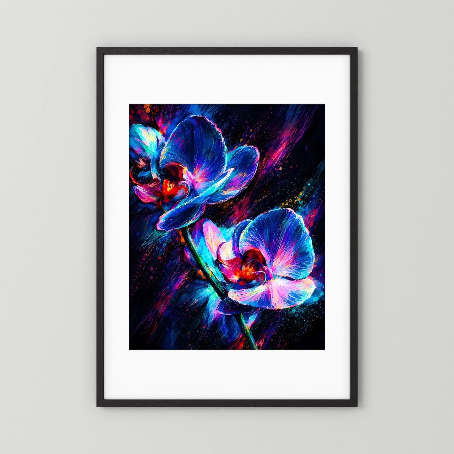 Hochformat-Poster: Neon-Orchideen in Blau & Pink, abstrakte Blumen, schwarzer Rahmen