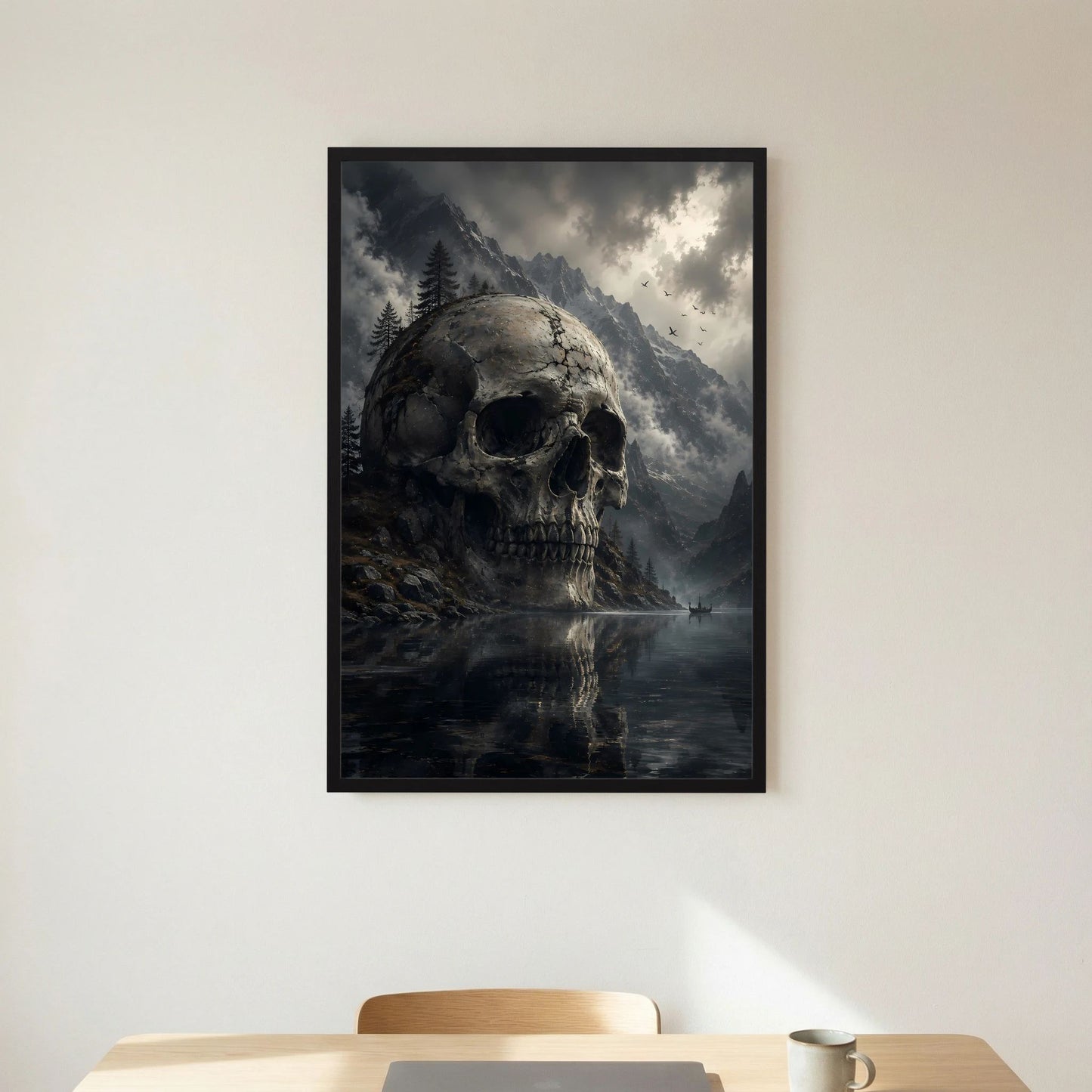 Poster mit Totenkopf am Bergsee und Bergpanorama, Wolken über dunklem Wasser.