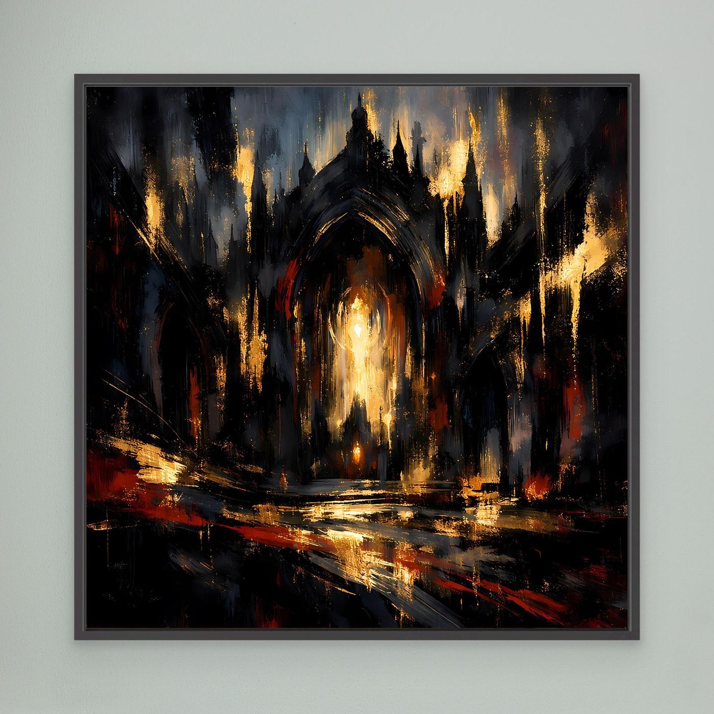 Leinwandbild mit abstrakter gotischer Kathedrale, dunkle Farben, goldene Lichtmotive im schwarzen Rahmen