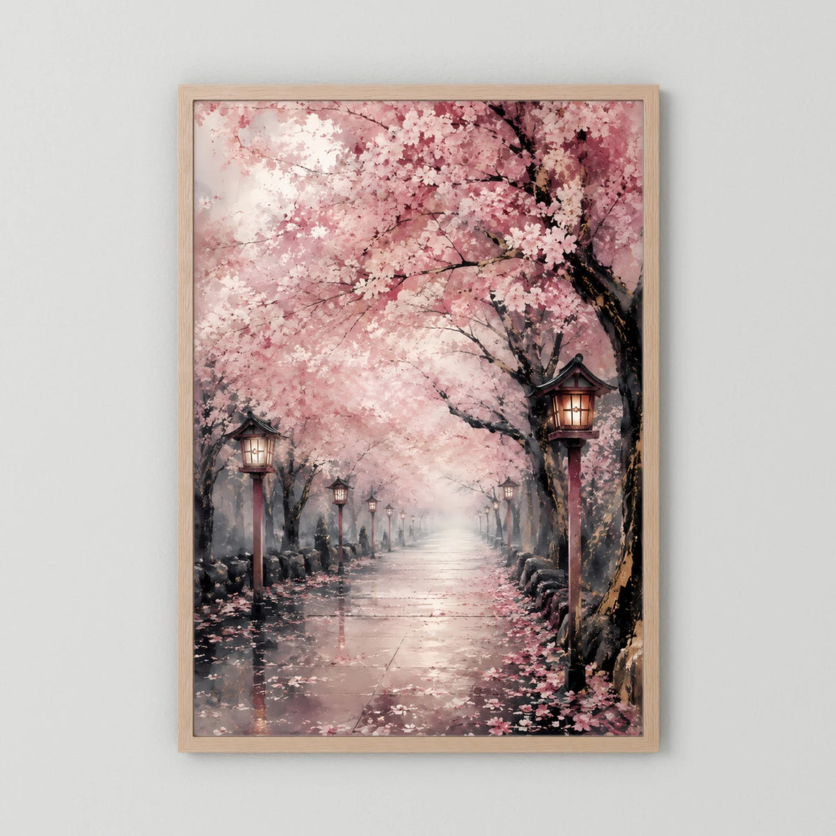Hochformat-Poster mit rosa Kirschblütenallee und Laternen, hellbrauner Holzrahmen