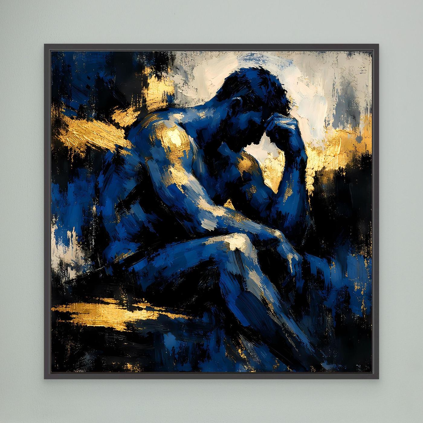 Leinwand Der Denker in Blau | Abstraktes Männersilhouette Wandbild Gold