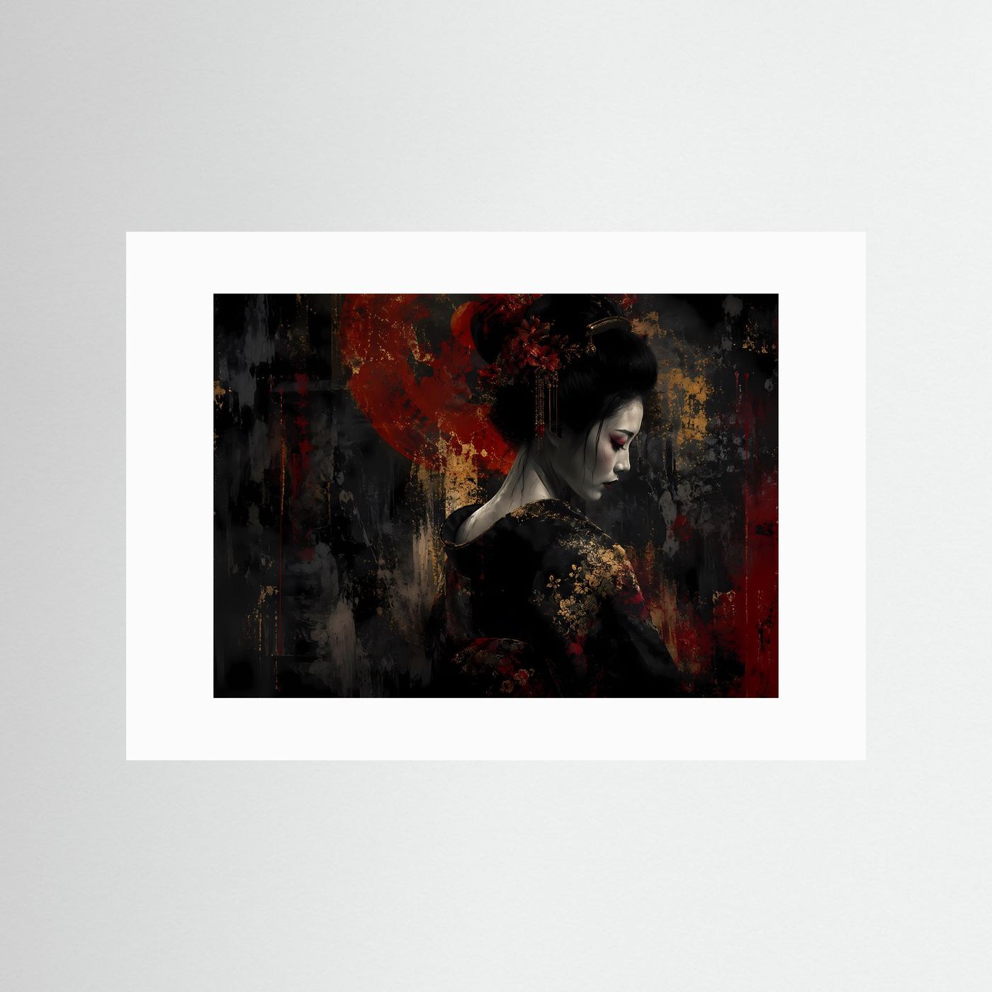 Japan-Kunstposter mit weißem Passepartout: Porträt einer Geisha, schwarz-rot mit goldenen Akzenten