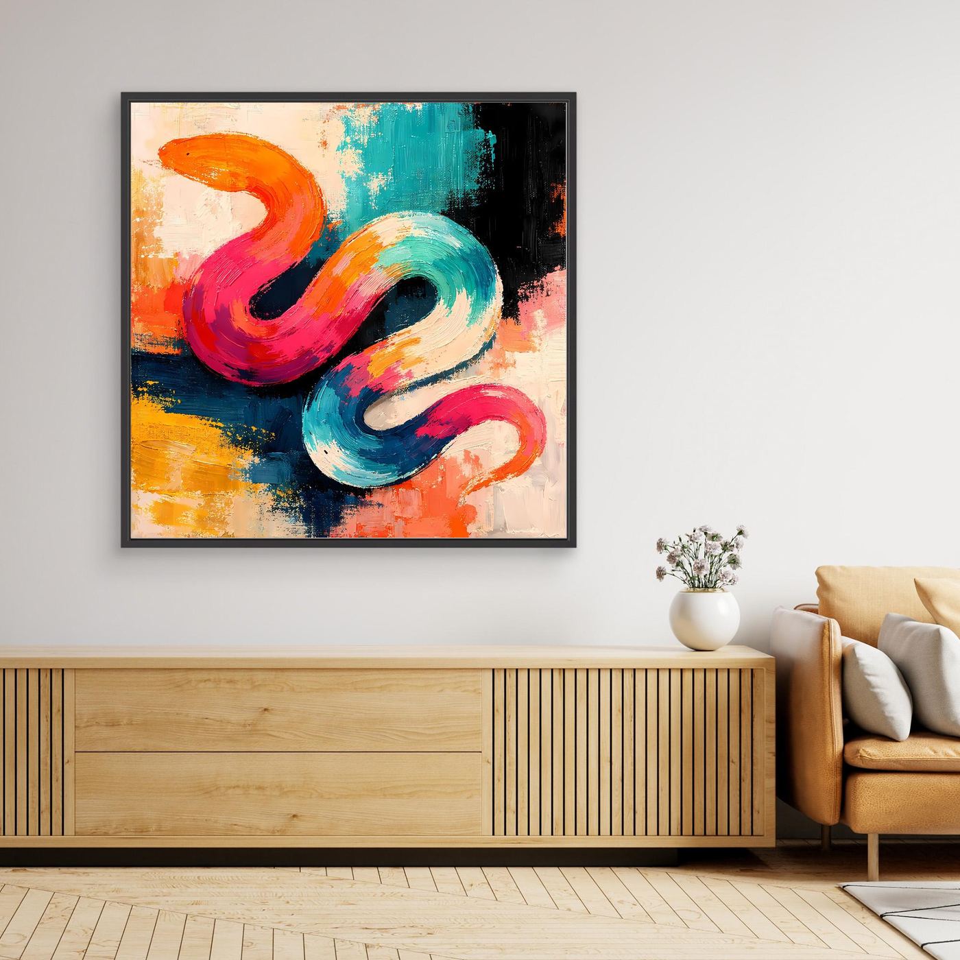 Leinwand-Wandbild mit abstrakter Schlange im Pop-Art-Stil, farbig, im schwarzen Rahmen