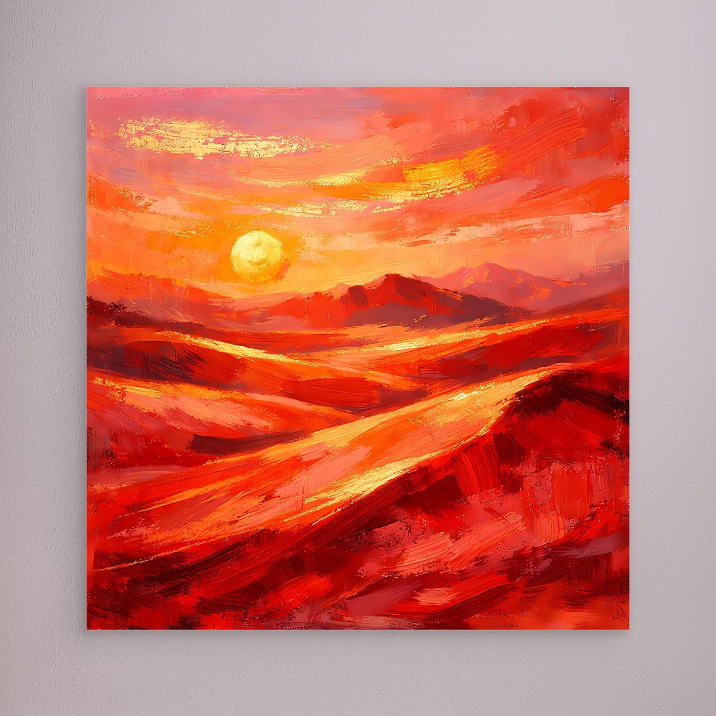 Ungefasstes Leinwandbild mit abstraktem Sonnenaufgang in Rot-Orange