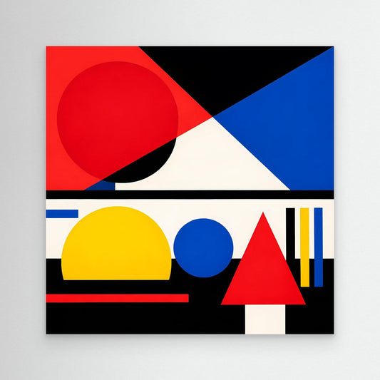 Leinwandbild mit geometrischer Abstraktion: rote, blaue, gelbe Formen auf hellem Grund