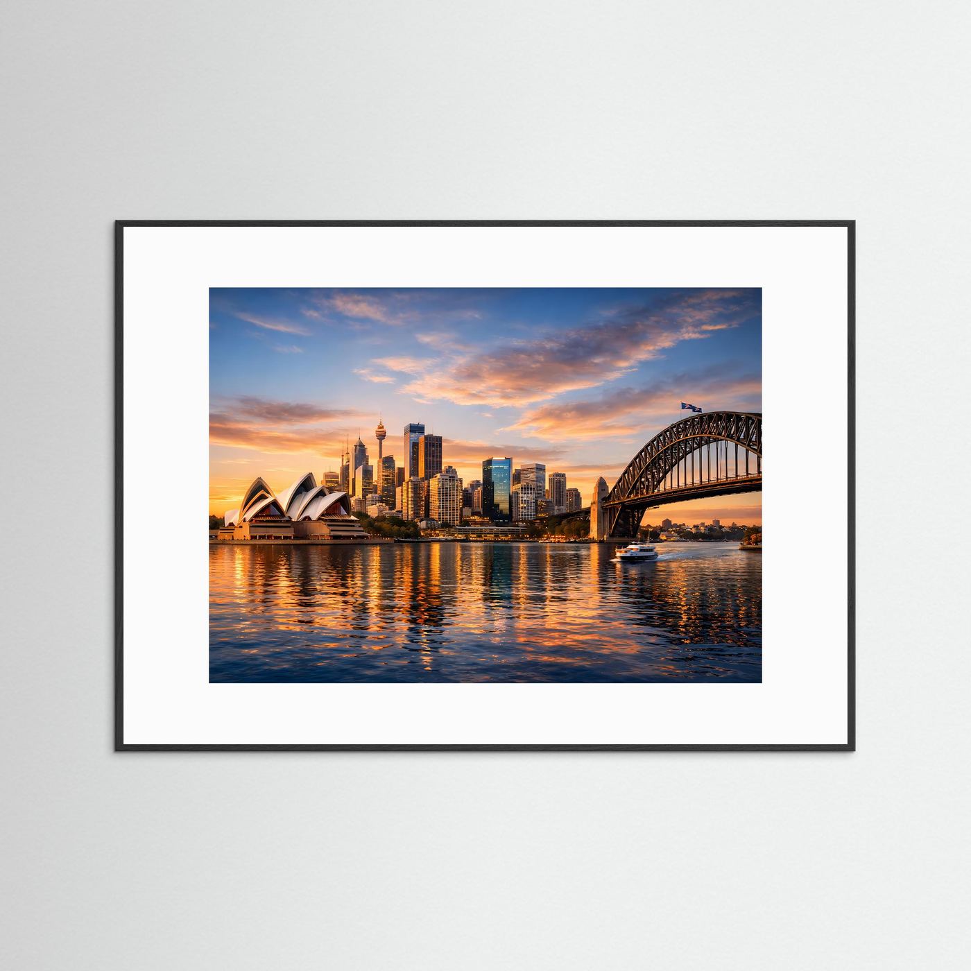 Querformatiges Panorama-Poster mit Sydney-Skyline, Opernhaus und Harbour Bridge bei Sonnenuntergang