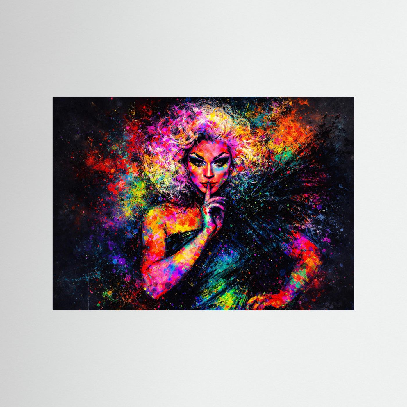 Glamouröse Drag Queen im Farbexplosion-Stil | Pop-Art Porträt Poster Querformat