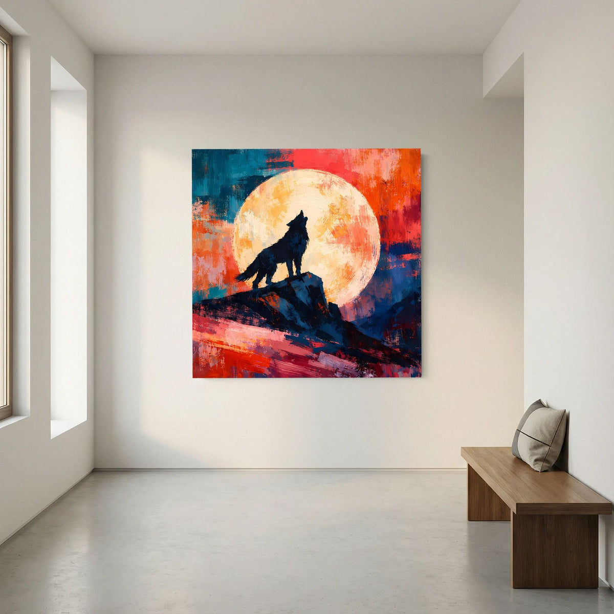 Leinwand Abstraktes Wolf Gemälde | Modernes Mystisches Wandbild Heulender Wolf Vollmond