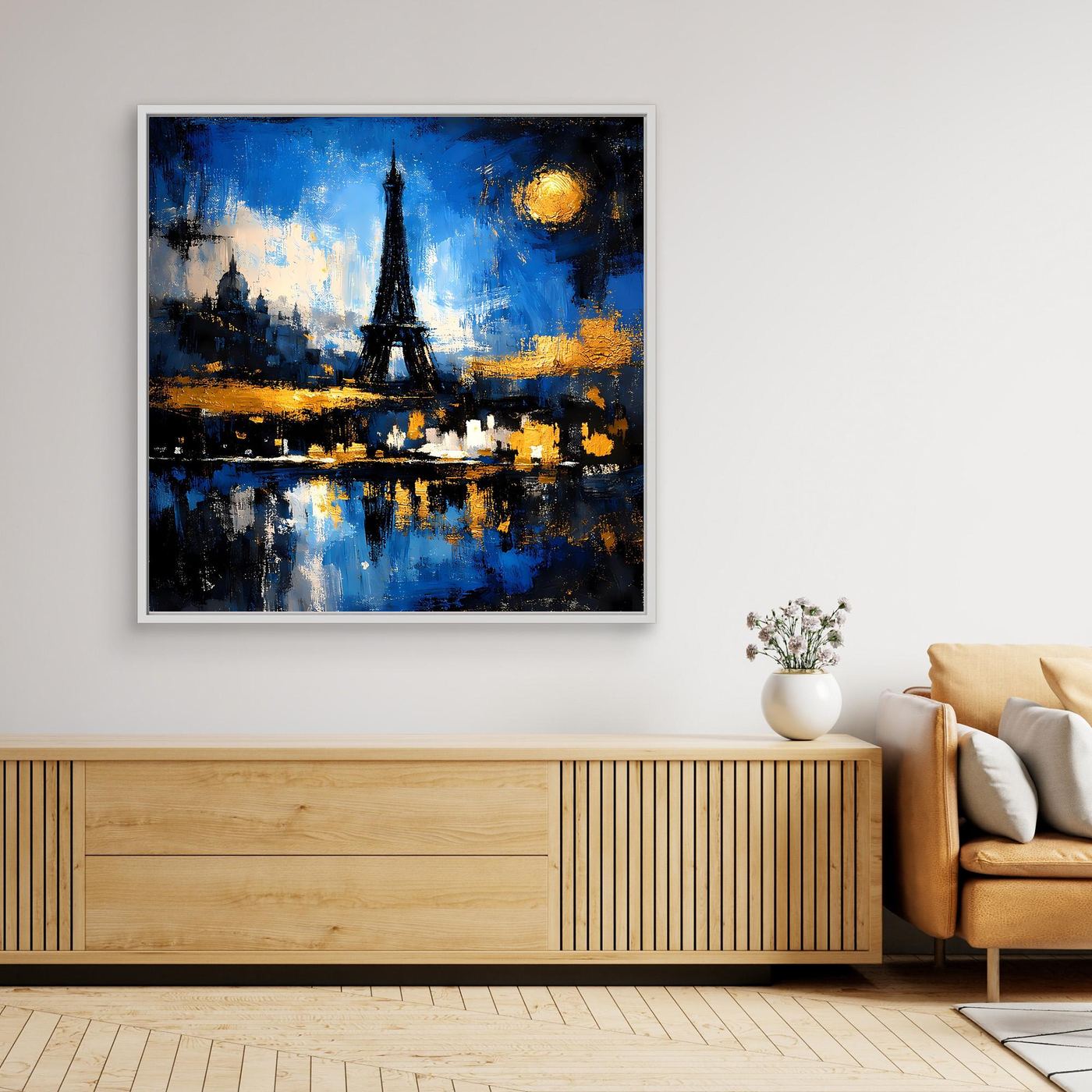 Wandbild mit Eiffelturm bei Nacht: abstraktes Stadtmotiv in Blau und Gelb
