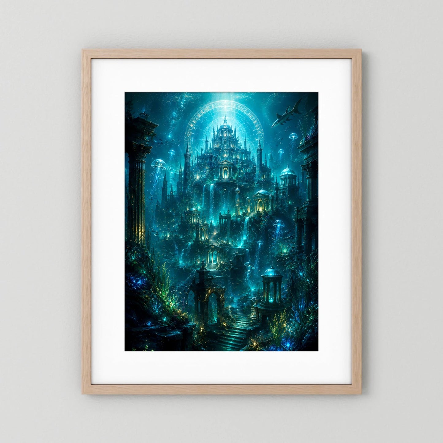 Poster mit hellem Holzrahmen und weißem Passepartout: Unterwasser-Tempel mit Quallen