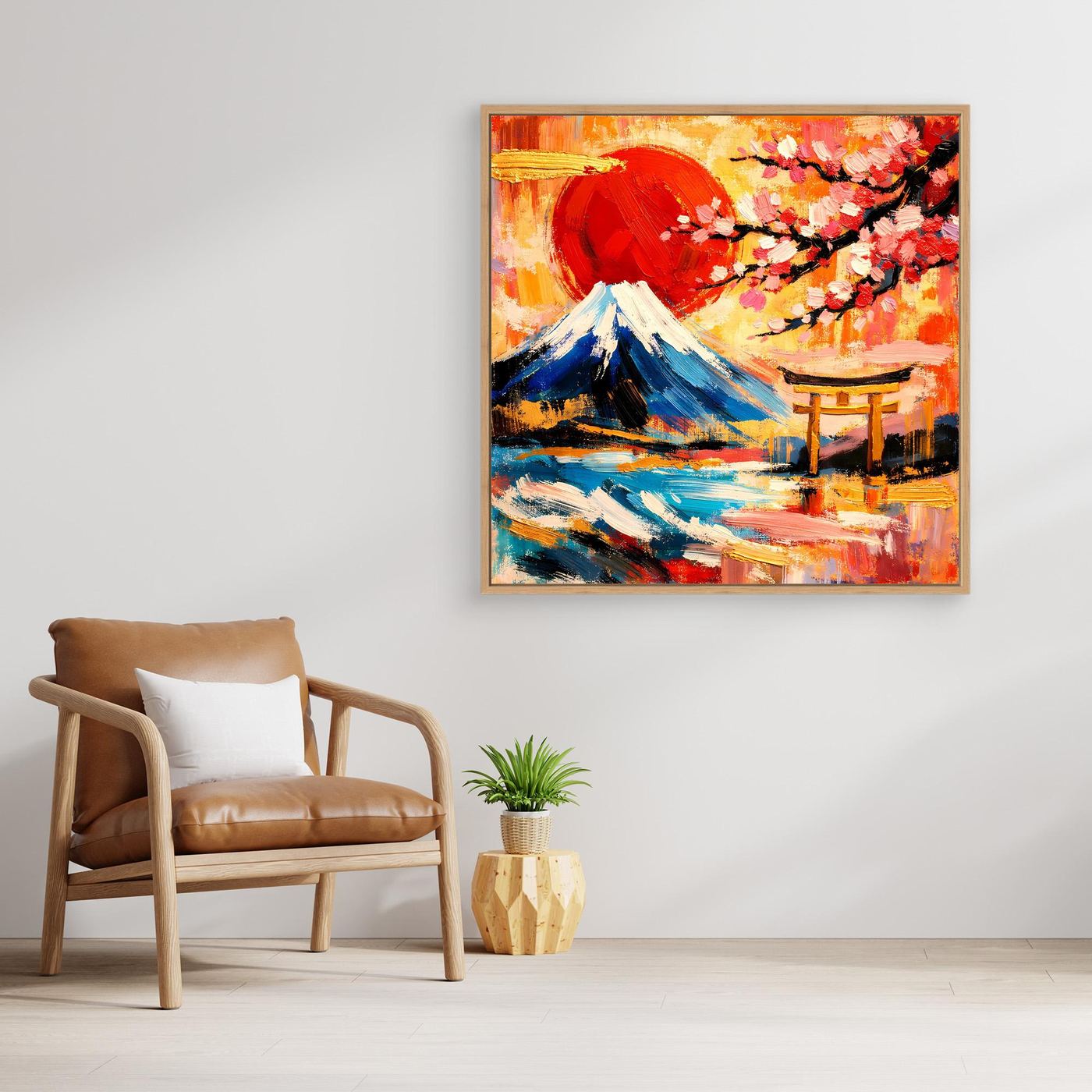 Gerahmtes Leinwandbild mit Berg Fuji, Torii und Kirschblüten in Rot-Gold und Blau