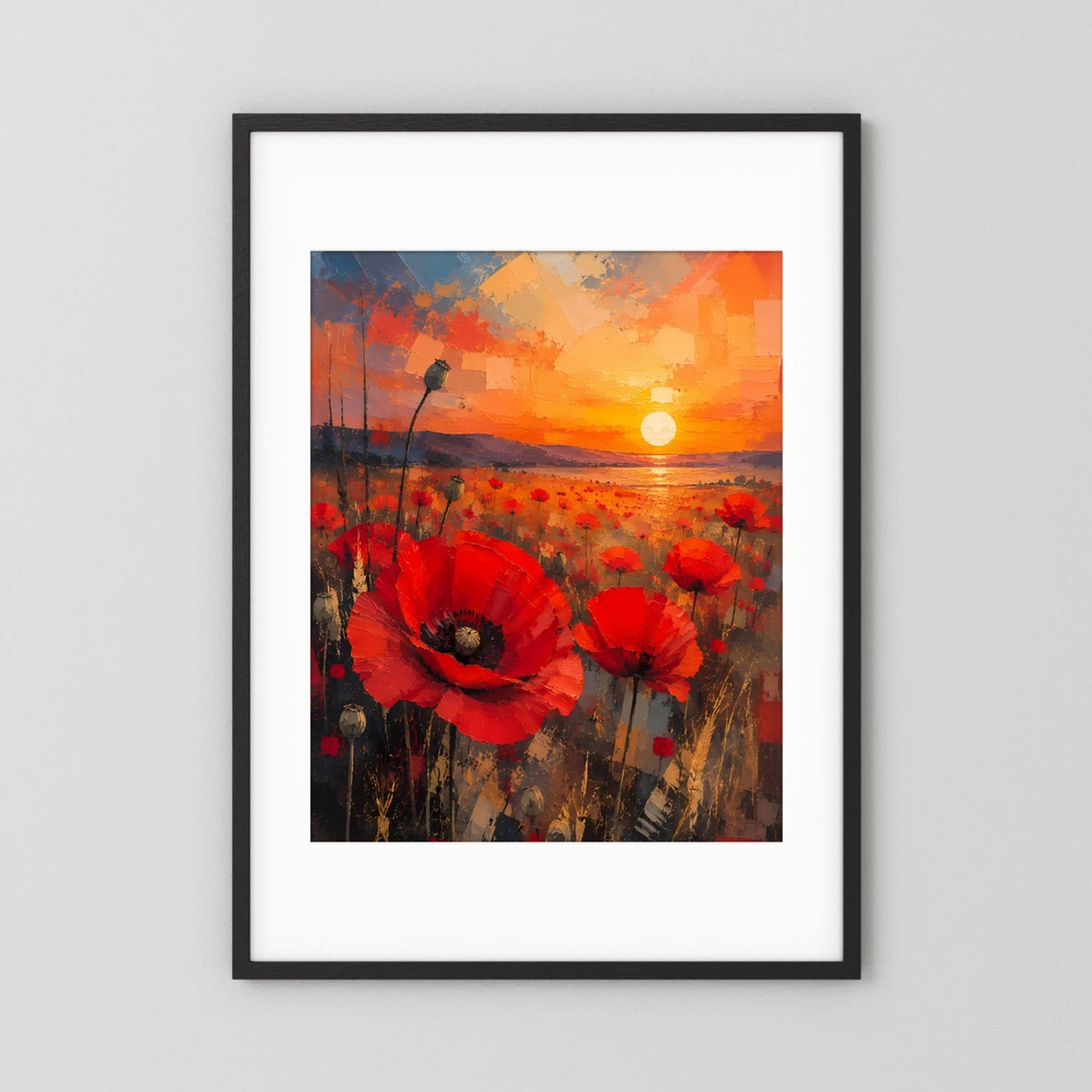 Hochformat-Poster mit roten Mohnblumen und Abendhimmel, schwarzer Rahmen mit weißem Rand