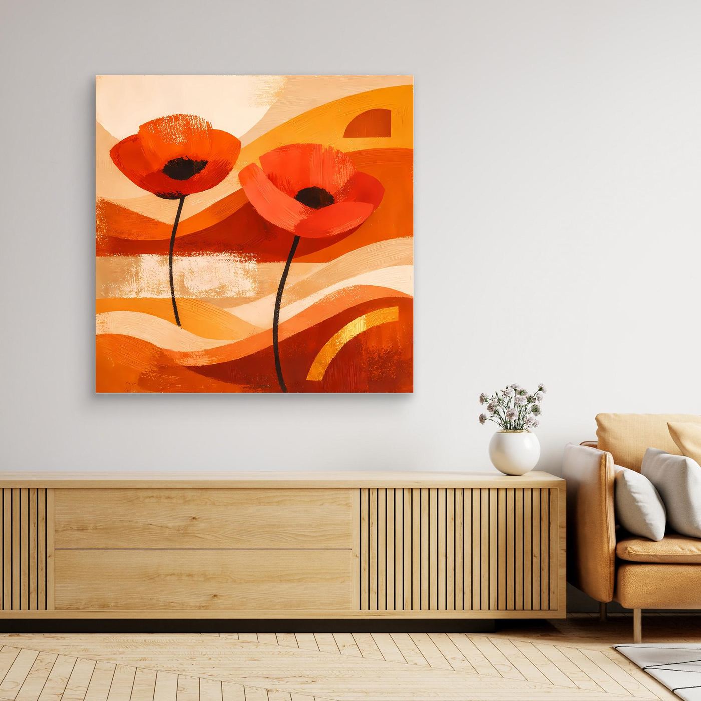 Gerahmtes Leinwandbild mit orangefarbenen Mohnblüten und geschwungenen Linien