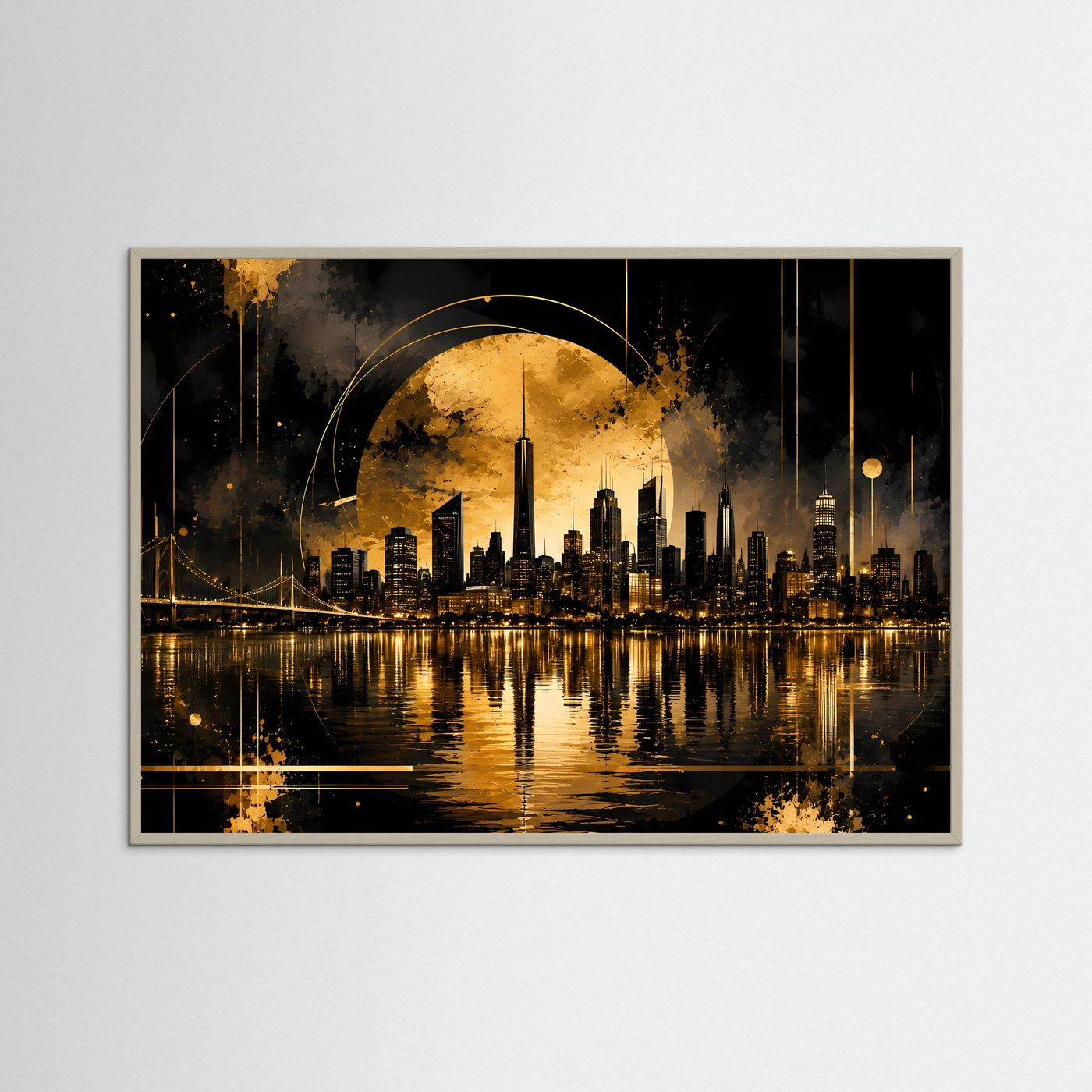 Poster Querformat mit goldener Skyline bei Nacht in grauem Rahmen und Spiegelung im Wasser