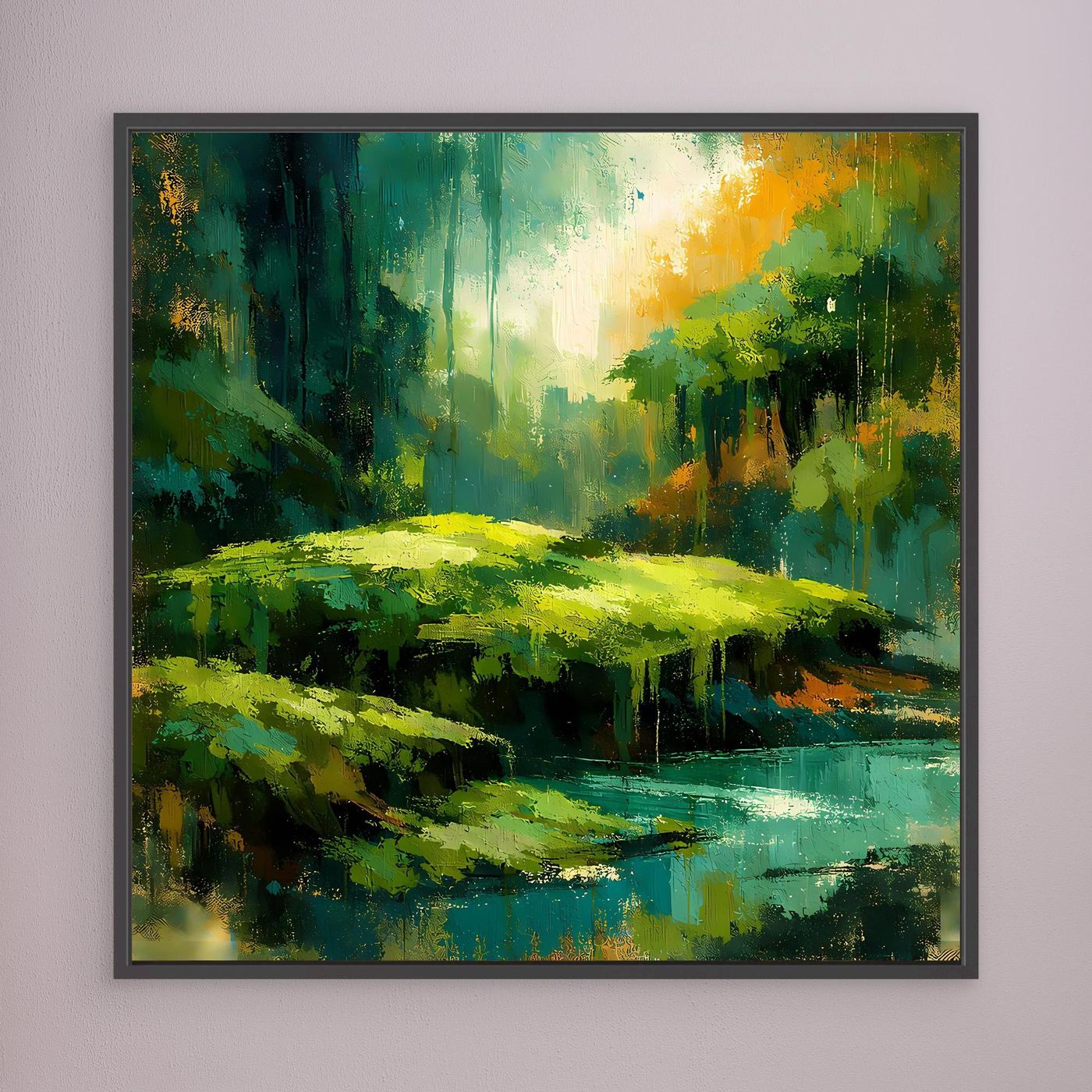 Wandbild mit abstraktem Dschungel und Fluss, grün-gelb-blau, dunkel gerahmt