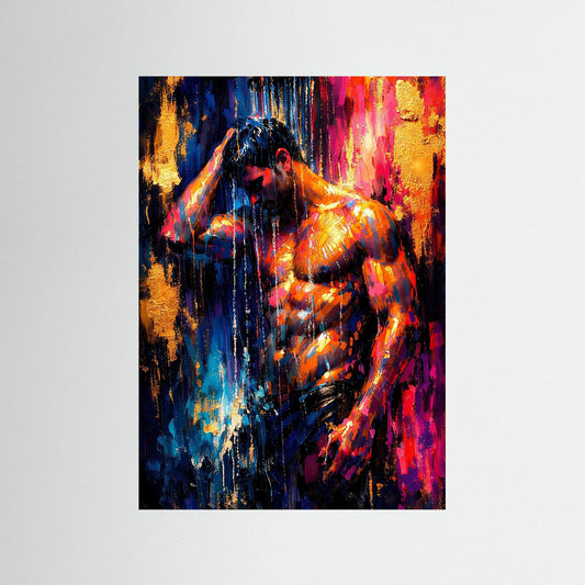 Kunstdruck mit abstraktem Akt unter Wasserstrahlen in Neonblau, Gold und Pink, ohne Rahmen