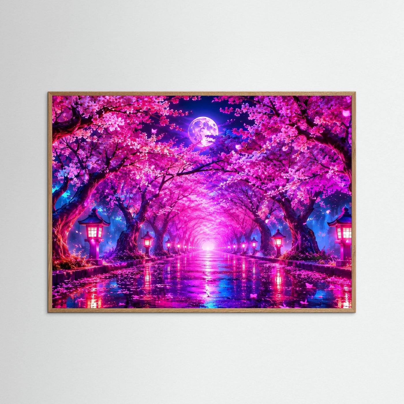 Kirschblüten Allee Wandbild Neon | Japan Poster Sakura Nacht | Leuchtender Vollmond | Fantasy Landschaft | Moderne Leinwand Wandkunst