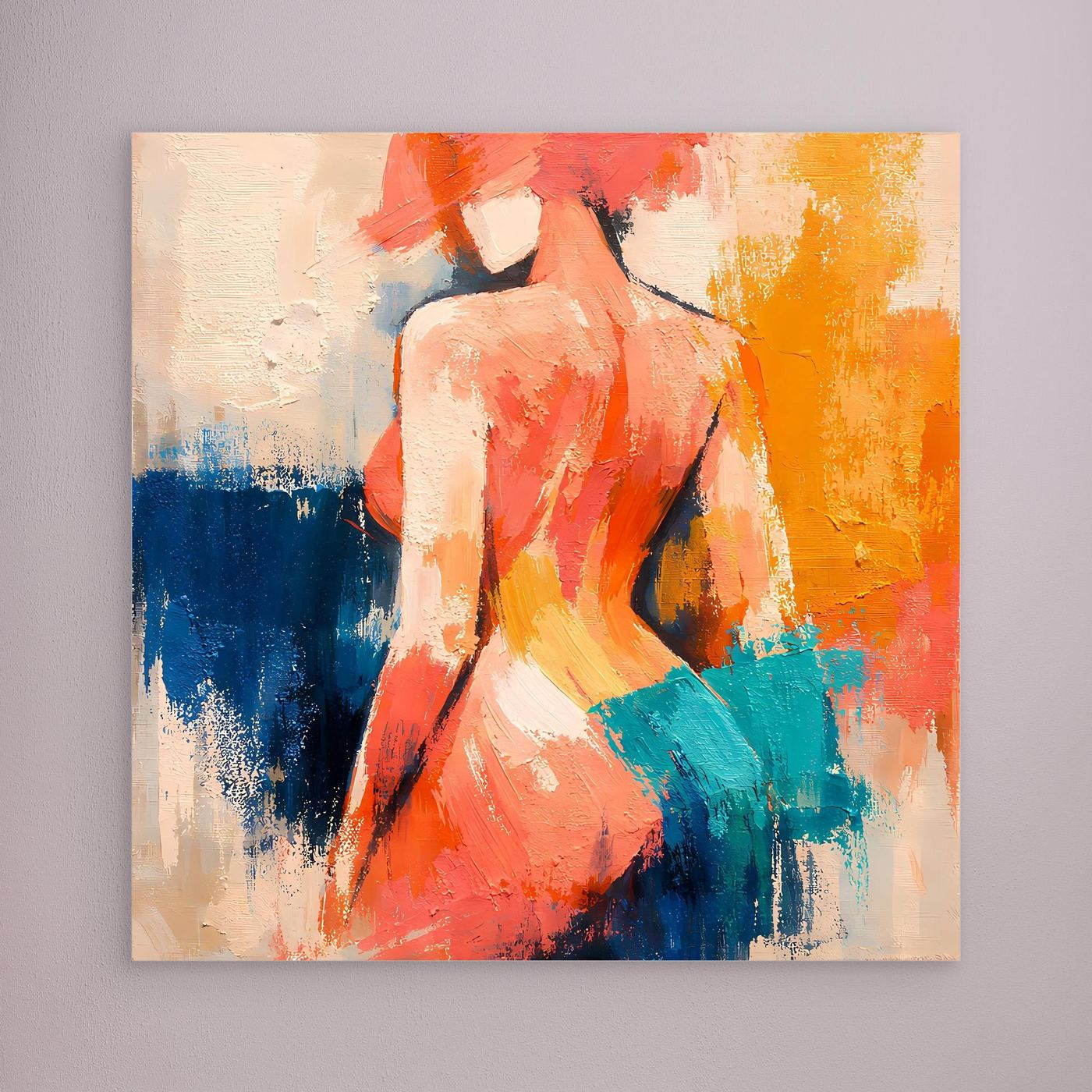 Abstract female back canvas wall art with red and orange figure, blue and teal brush strokes