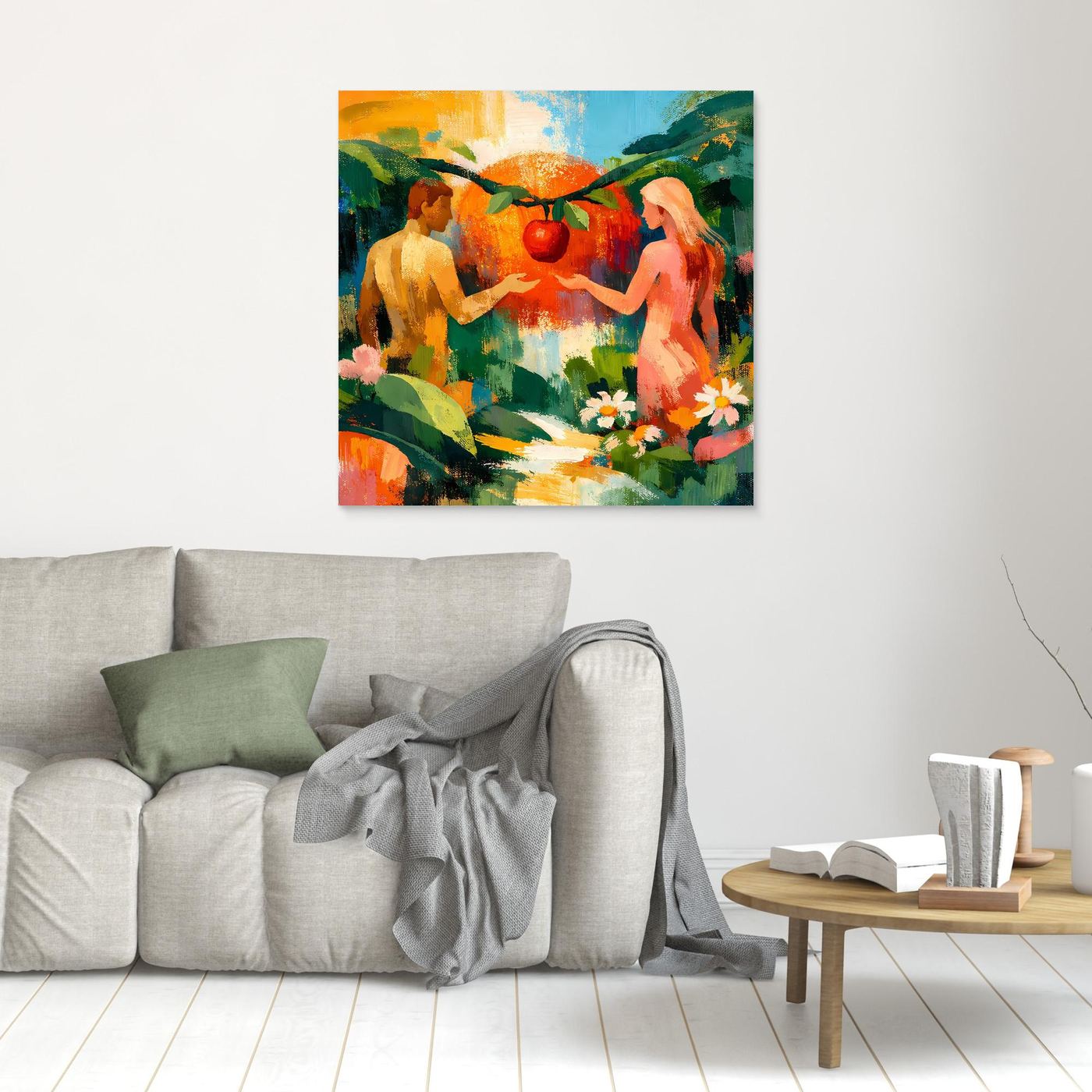 Framed abstract Eden wall art with two nude figures and red fruit, greenery and flowers