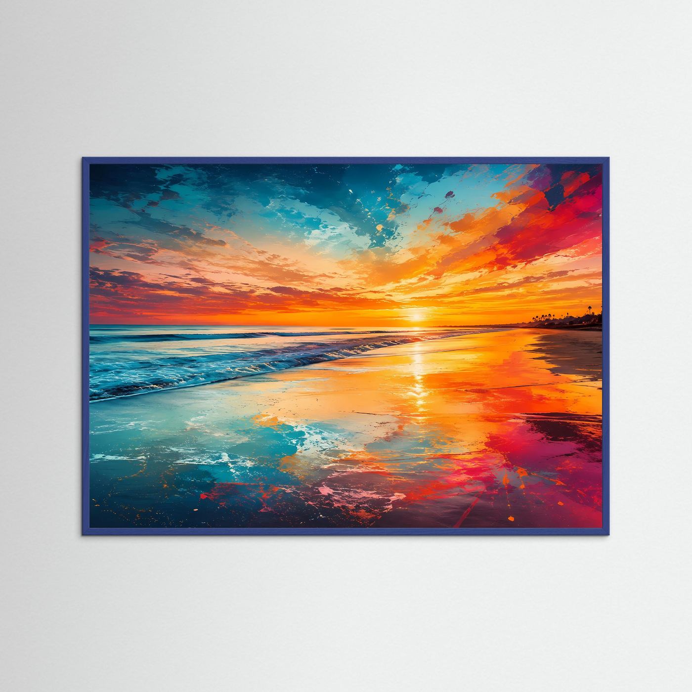 Sonnenuntergang am Strand Poster | Farbenfrohes Meerespanorama Wandbild | Moderne Küstenlandschaft mit leuchtendem Himmel