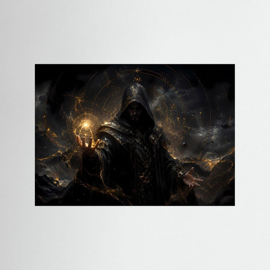 Dunkles Fantasy-Zauberer-Poster ohne Rahmen, Kapuzenfigur mit goldenem Zauberlicht