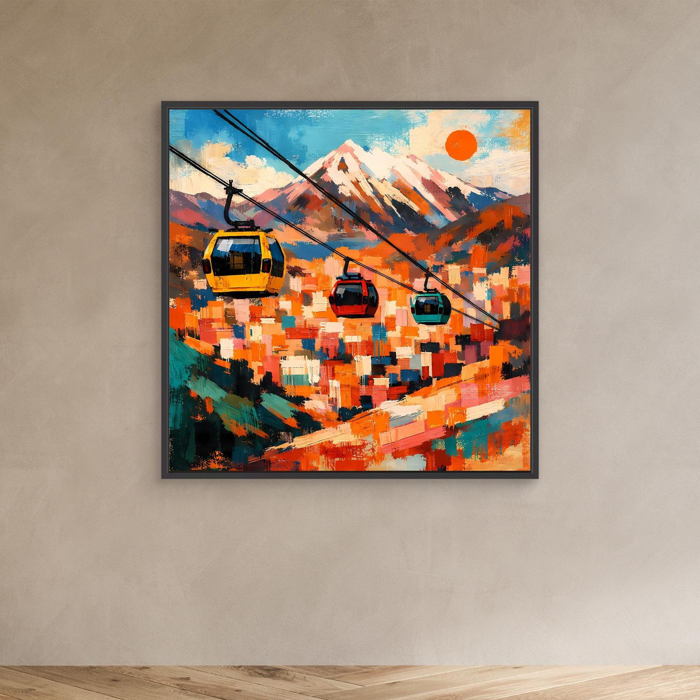 Abstraktes Leinwand-Wandbild mit Seilbahn-Gondeln und Berg, schwarzer Rahmen, bunt