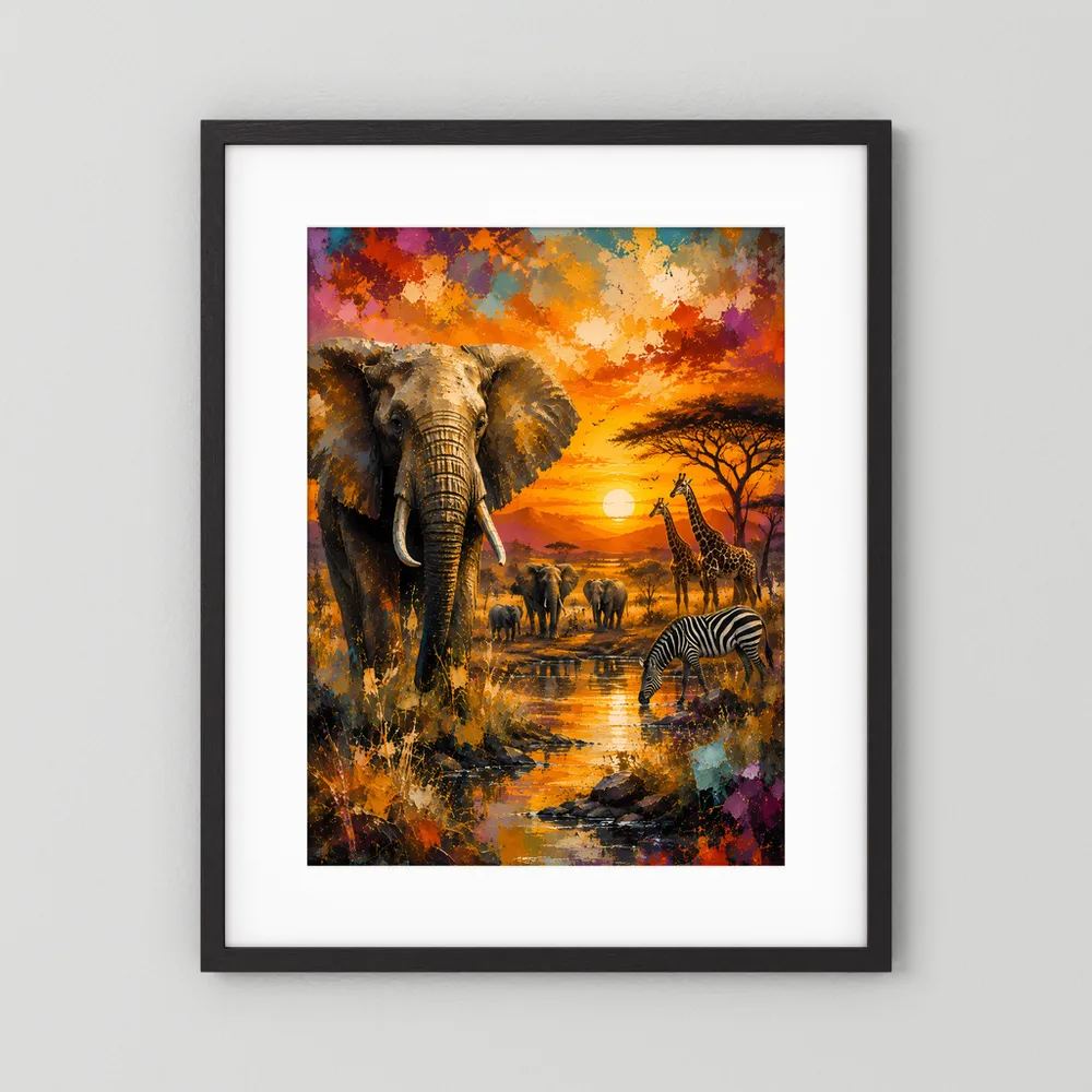 Poster im Hochformat mit schwarzem Holzrahmen: Elefant, Zebras und Sonnenuntergangslandschaft