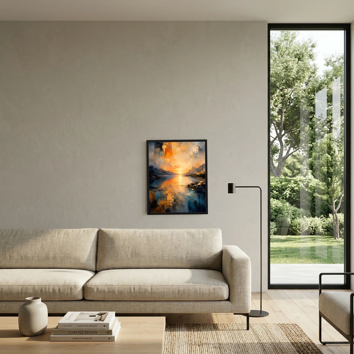 Gerahmtes Poster im Hochformat an der Wand mit abstrakter See- und Berglandschaft bei Sonnenuntergang