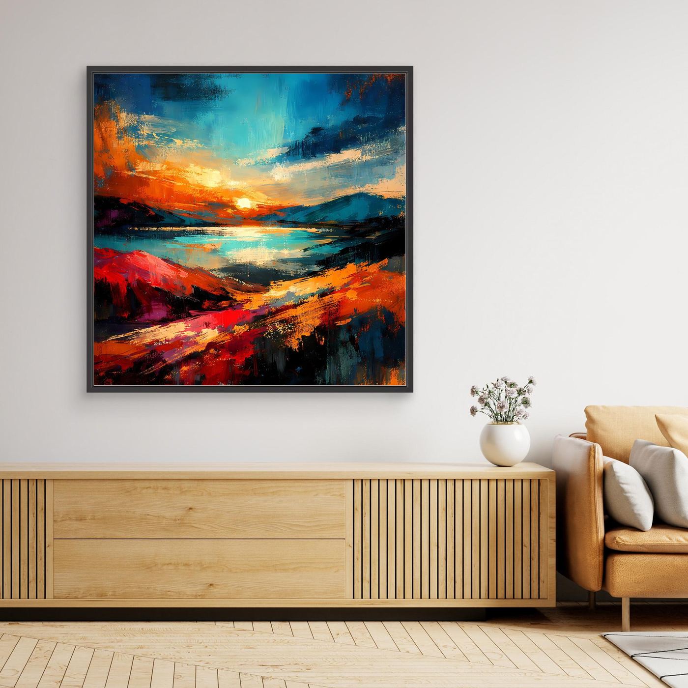 Leinwandbild mit abstrakter Architektur, farbige Landschaft in Blau, Orange und Rot; schwarzer Rahmen