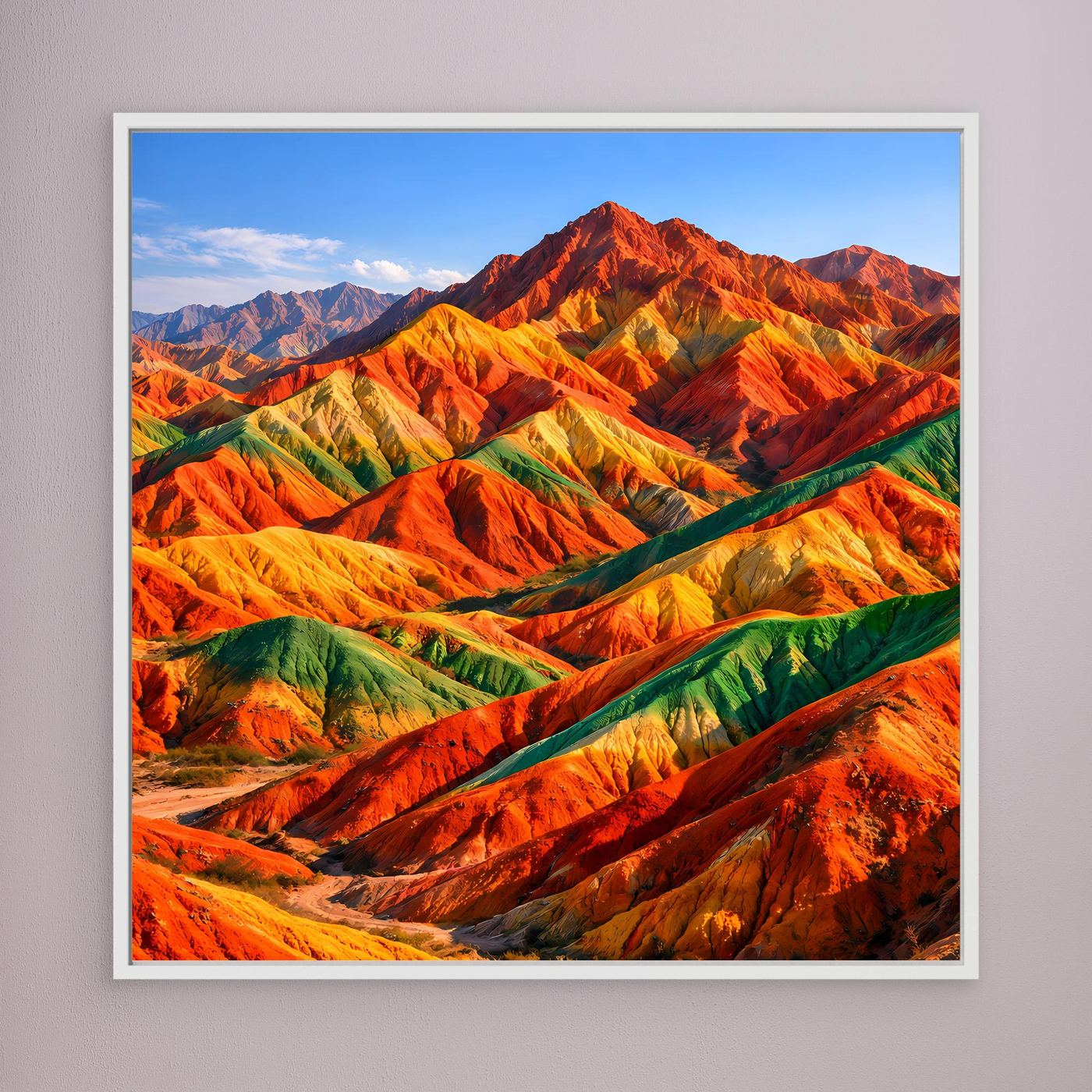 Leinwandbild Regenbogen-Berge, diagonale Felsrücken, weißer Rahmen