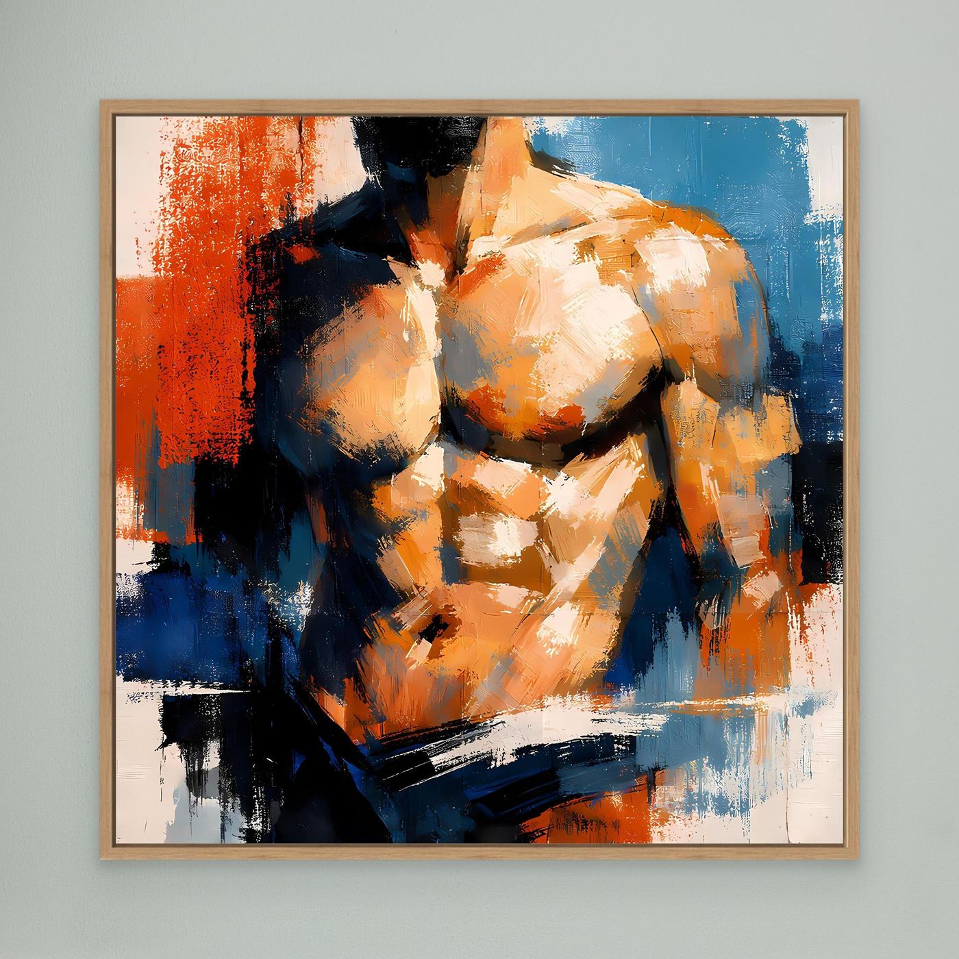 Athletic male torso canvas wall art with oak frame, blue orange and black abstract strokes