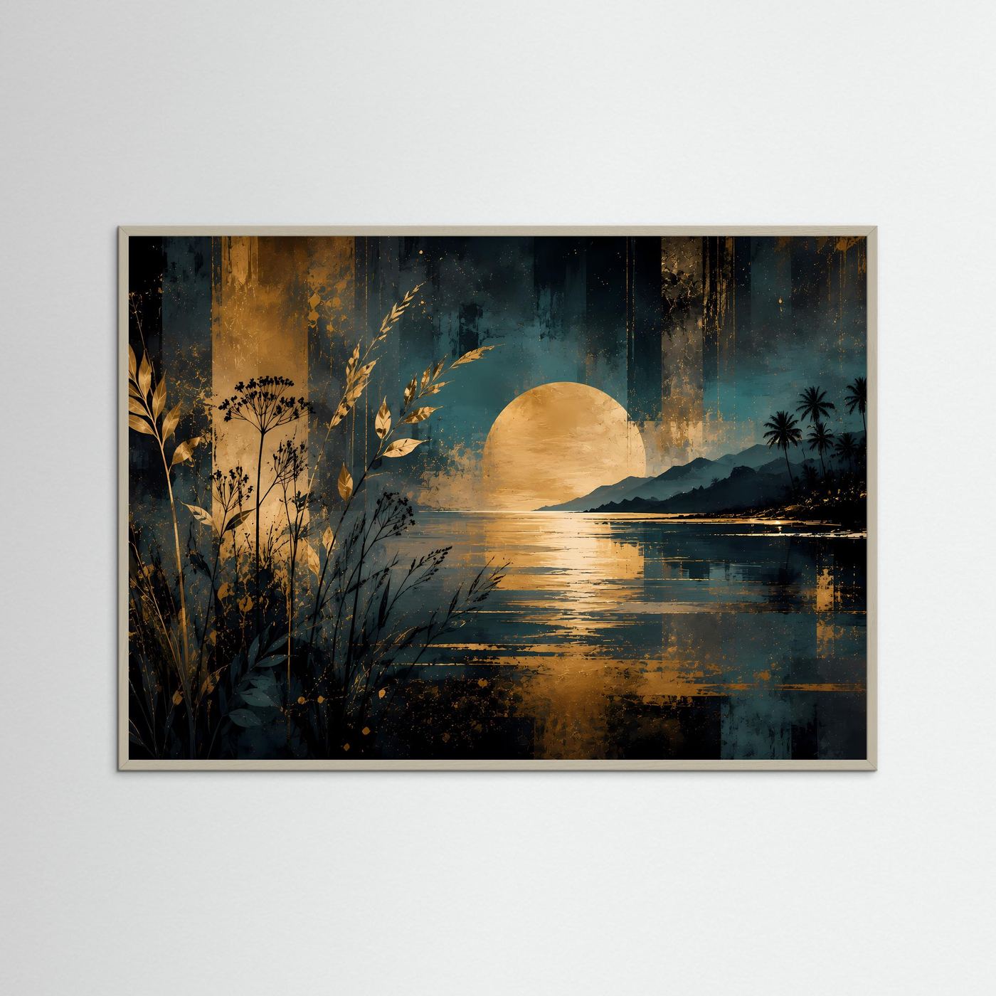 Poster im Querformat mit hellem Holzrahmen: tropische Küste, goldene Sonne, Pflanzen am Ufer.