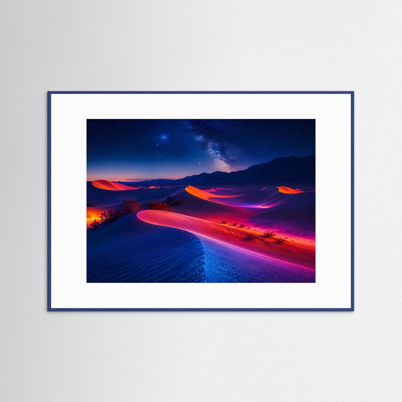 Leuchtende Neon-Wüste bei Nacht | Futuristische Dünen Landschaft Poster Querformat