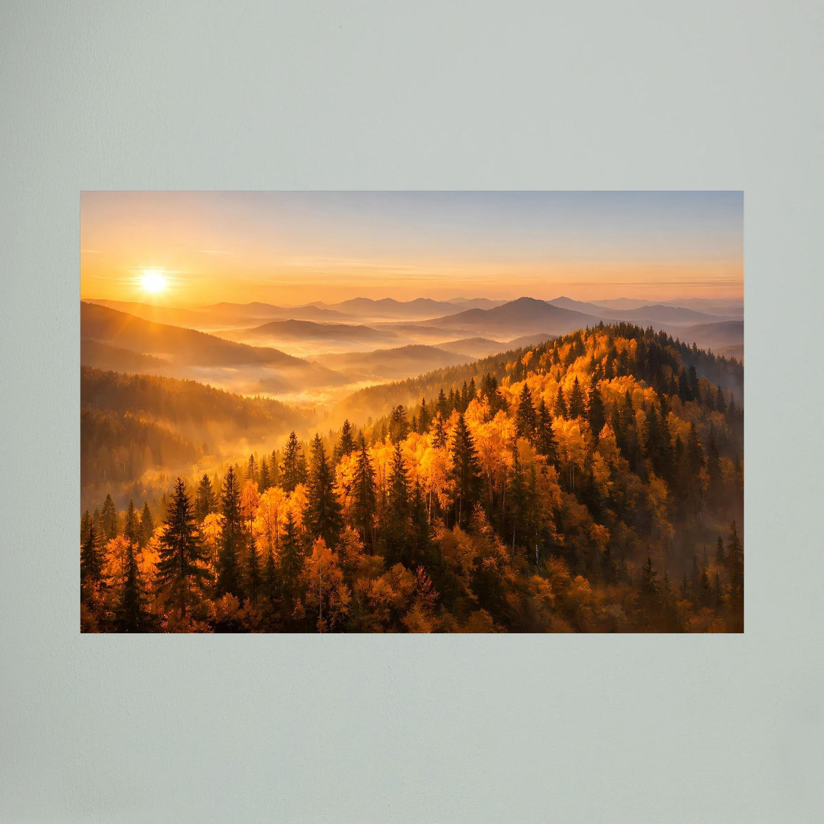 Querformat-Wandbild: goldener Herbstwald, Sonnenaufgang, Bergnebel und Tannen im Vordergrund