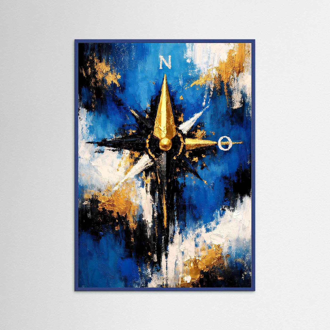 Hochformatiges Kunstposter mit goldener Kompassrose, im dunkelblauen Rahmen auf blau-weißer Fläche