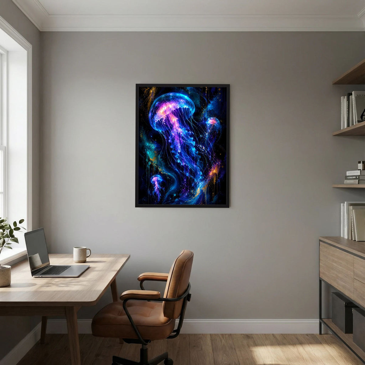 Wandposter zeigt leuchtende Quallen in Neonblau und Violett im schwarzen Rahmen
