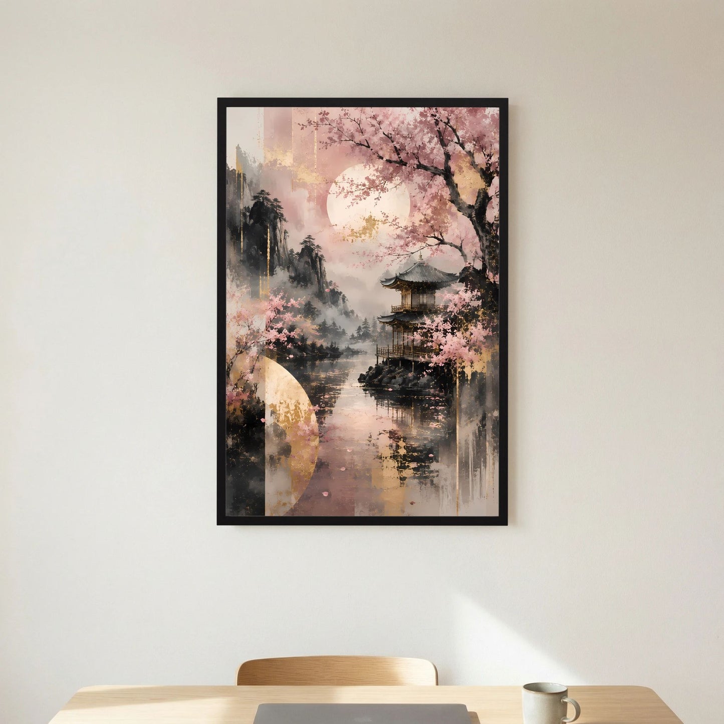 Gerahmtes Poster im Hochformat mit Kirschblütenbaum über ruhigem See und Tempelturm