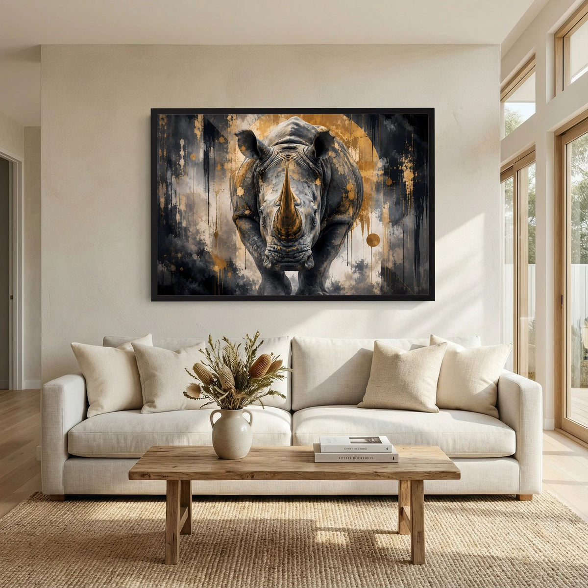 Abstraktes Nashorn-Poster (Querformat) mit schwarzem Rahmen, schwarz-goldenem Stil