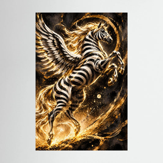 Poster Hochformat mit geflügeltem Zebra-Pegasus in Schwarz-Weiß und Gold