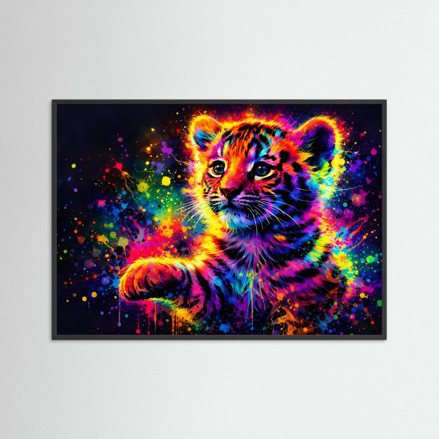 Poster mit schwarzem Rahmen, Neon-Tigerbaby-Abstraktmotiv mit leuchtenden Farbspritzern